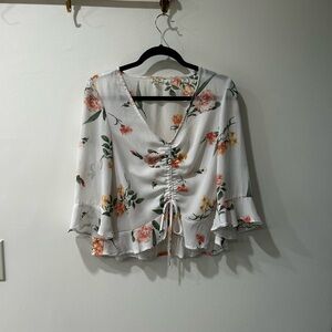 Lily White Flutter Sleeve Tie Front Blouse in White and Orange